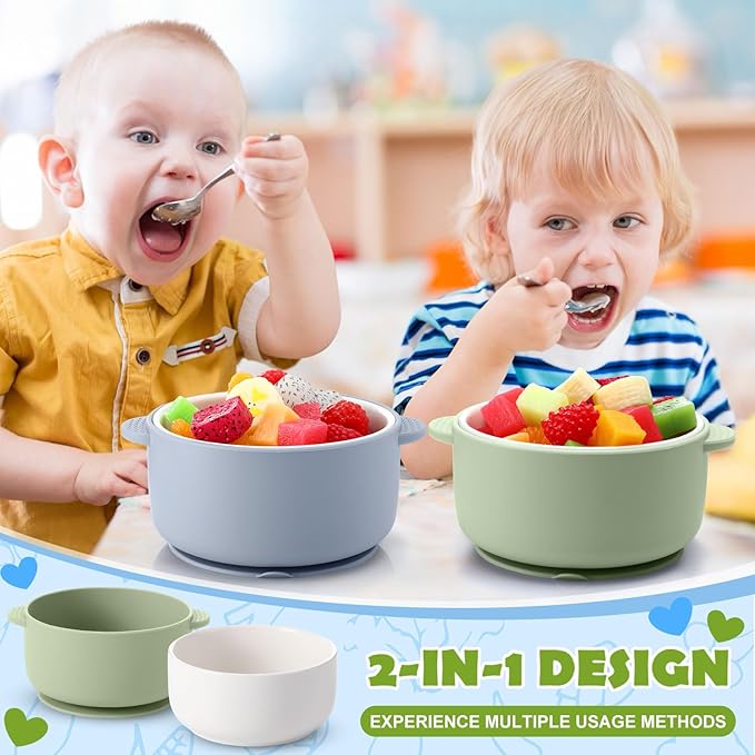 Domensi 2 Sets Kids Porcelain Bowls with Suction Sleeves Toddler Suction Bowl Upgrade Durable Microwave Dishwasher Safe Cereal Soup Snack Dishes for Baby Children Feeding Supplies (Blue and Green)
