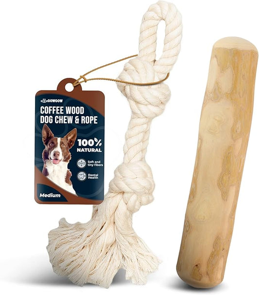 Coffee Wood Chew and Cotton Rope Toy for Dogs - 100% Natural, Organic Wood Stick for Chewers Teeth Cleaning, Training - Size M