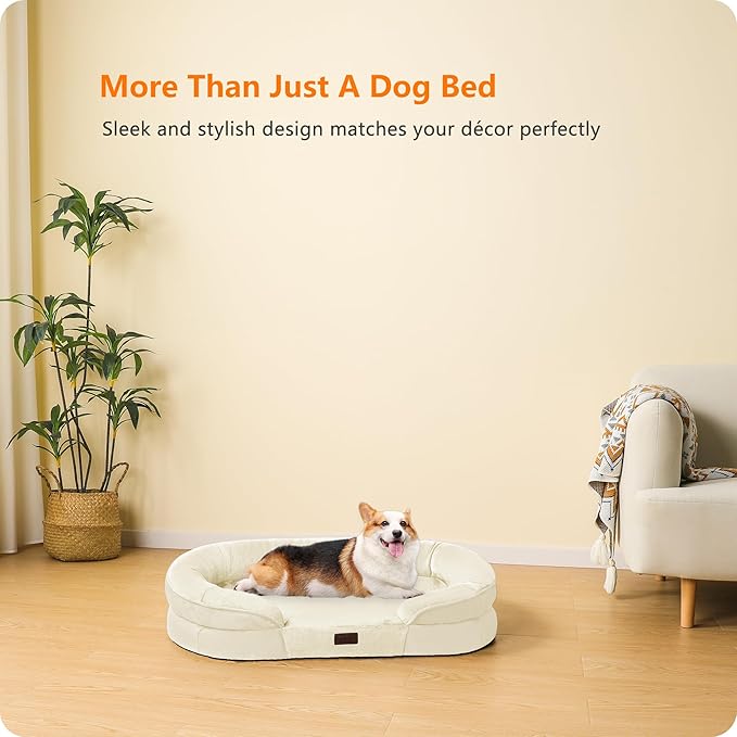 Dwanton Orthopedic Dog Bed for Medium Dogs with Gel Memory Foam, Waterproof Dog Sofa, Washable Pet Bed with Four Sided Bolster Cushion, Removable Cover & Non-Slip Bottom, 36", Beige