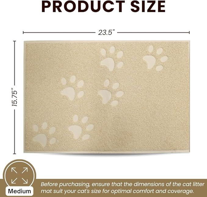 Andalus Medium Cat Litter Mat, Pack of 1 - Waterproof, Non-Slip & Easy to Clean Cat Litter Box Mat for Extra Efficient Pet Litter-Trapping, Beige (23.5” X 15.75”)
