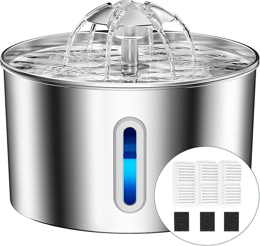 Cat Water Fountain Stainless Steel - 74oz/2.2L Automatic Large Pet Watering Bowl Dispenser for Indoor Dogs - Drinking Fountains with 3 Filter, Gifts for Cats and Kitty - Dog Waterer Bowls No Spill