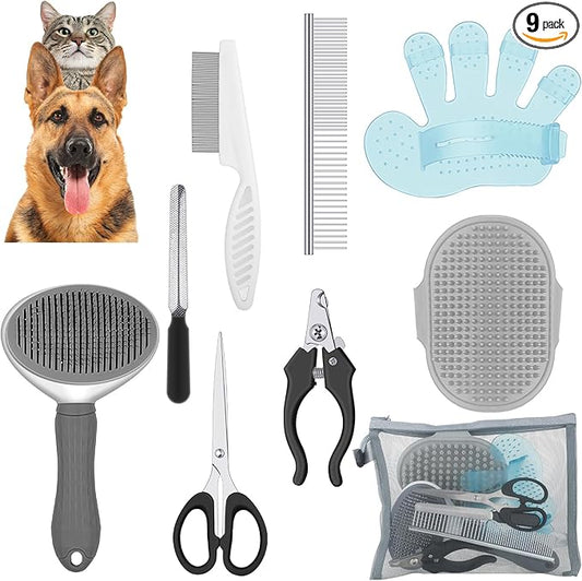 Yaomiao Dog Brush Grooming Kit 9 Pcs Kit with Pet Nail Clipper and File Cat Grooming Deshedding Undercoat Rake Comb for All Breeds Sizes Promotes Healthy Skin Coat(Classic Color)