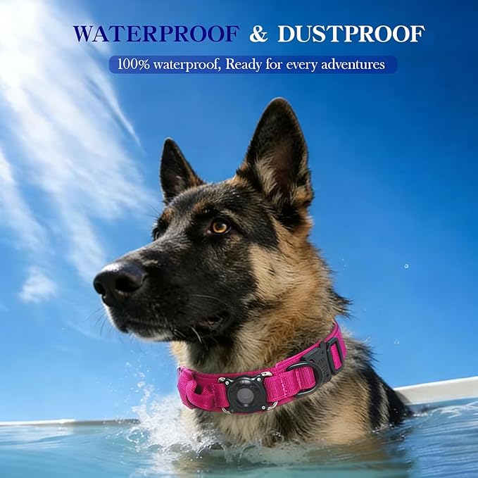 Upgraded AirTag Dog Collar,Waterproof Tactical Dog Collar with AirTag Holder, Control Handle and Metal Buckle,Heavy Duty Dog Collars for Large Dogs (Rose Red，XL