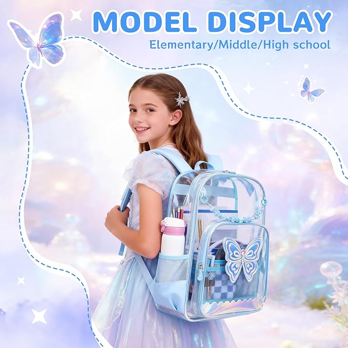 MUSEVOS Clear Backpack, Clear Bookbag for School PVC Heavy Duty Transparent Backpack for Girls, Blue Butterfly