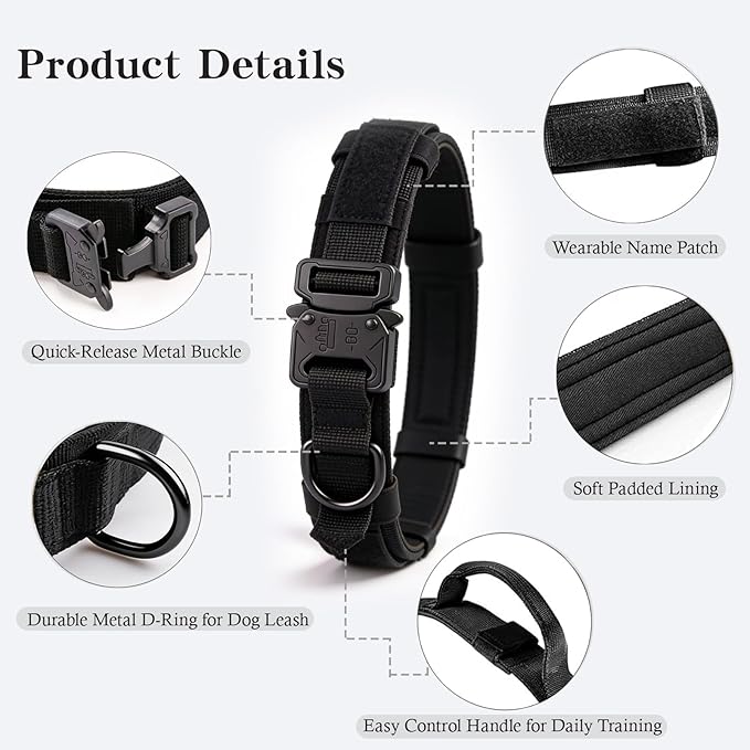 Xqpetlihai Tactical Dog Collar and Leash Set Adjustable Military Nylon Dog Collar with Control Handle and Heavy Duty Metal Buckle for Large Dogs （Black L