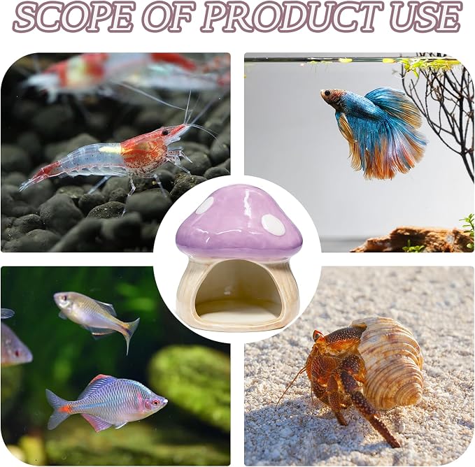 Betta Fish Tank Accessories, 4.33" Ceramic Mushroom Aquarium Decor, Purple | Hideout Cave Ornament for Small Fish, Shrimp, Hamsters & Reptiles – Aquarium Decor with Natural Look, Functional Shelter