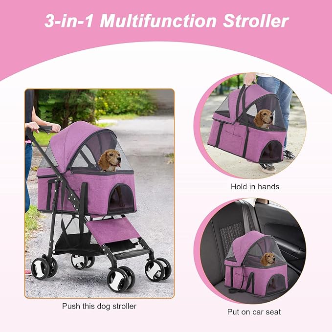 BestPet Pet Stroller Premium 3-in-1 Multifunction Dog Cat Jogger Stroller for Medium Small Dogs Cats with Folding Lightweight Travel & Detachable Carrier,Purple