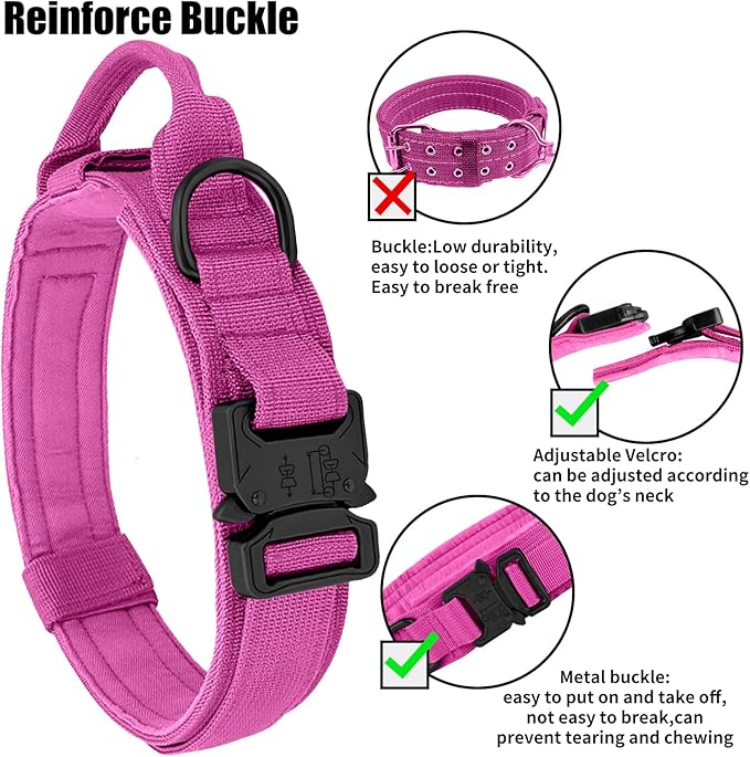 Tactical Military Dog Collar - Adjustable Heavy Duty Metal Buckle Nylon Collar with Control Handle for Small to Large Dogs (Pink, XL)