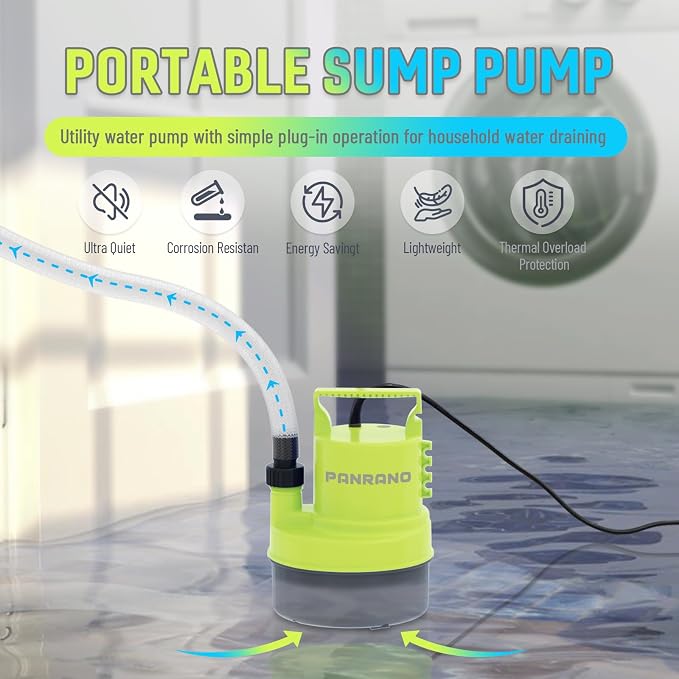 1/3 HP Submersible Water Pump 2000 GPH Portable Small Sump Pump For Pool Cover, Basements, Puddles, Gardens Ponds With 16.4 Ft Power Cord and Hose Adapters, Lemon Yellow
