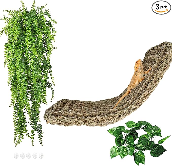 kathson Bearded Dragon Hammock,Large Lizard Lounger,Reptile Tank Hanging Plants Climbing Jungle Vines Flexible Leaves Decorations for Lizards Chameleon Gecko Snakes(3 PCS)