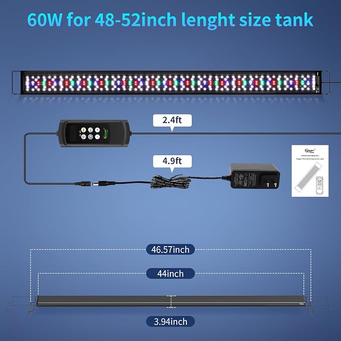 hygger Aquarium Light, 60W Full Spectrum Fish Tank LED Light, 24/7 Remote Control Adjustable Timer, Brightness and Color, Extendable Bracket, Power-Off Memory Plant Growth Lamp, Fits 48-52 Inch Tank
