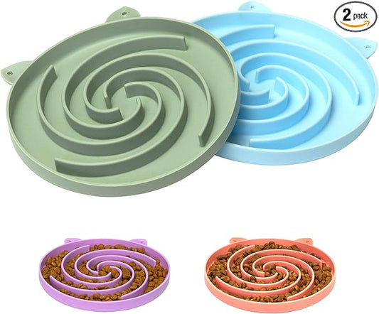 Bifeaw Slow Feeder Cat Bowl, Easy to Clean Silicone Bowl, Ideal for Dry and Wet Food (Green and Blue)