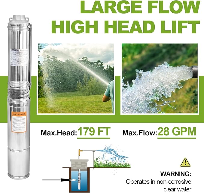 4" Deep Well Pump Submersible Well Pump with 10FT Cable,1/2HP,115V/60Hz,28GPM,179FT Head,Stainless Steel Submersible Borehole Well Water Pump for Home Farmland Irrigation and Factories