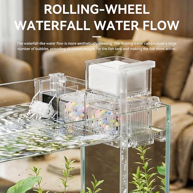 Pssopp Hanging Aquarium Filter, Space Saving Easy Installation 3W Hang On Back Waterfall Circulation Quiet Aeration for Small Nano Fish Tanks (US Plug 110V)