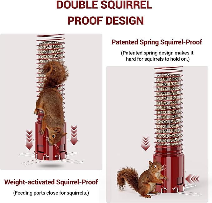 Squirrel Proof Bird Feeder, Metal Bird Feeders for Outdoors Hanging, 3.6LB Large Seeds Capacity for Wild Birds, Finch, Cardinal, Blue Jay, Chickadee, Red