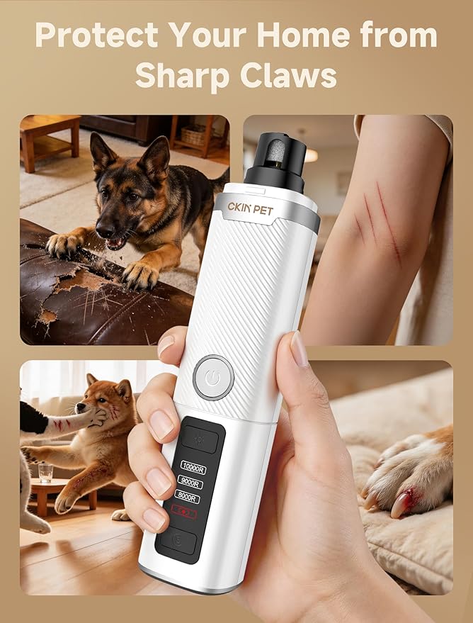 Dog Nail Grinder, Quiet Electric Dog Nail Trimmer with 2 LED Lights, 3-Speed Pet Nail Grinder for Dogs & Cats, Rechargeable 2000mAh Nail Grinder for Small Medium Large Dogs with Light, White