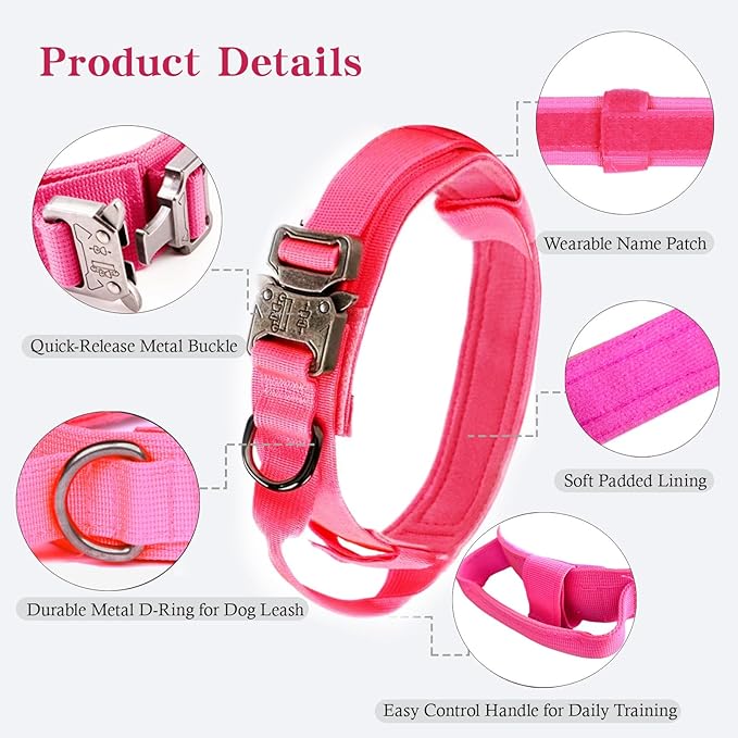 Xqpetlihai Tactical Dog Collar and Leash Set Adjustable Military Nylon Dog Collar with Control Handle and Heavy Duty Metal Buckle for Large Dogs（Pink S