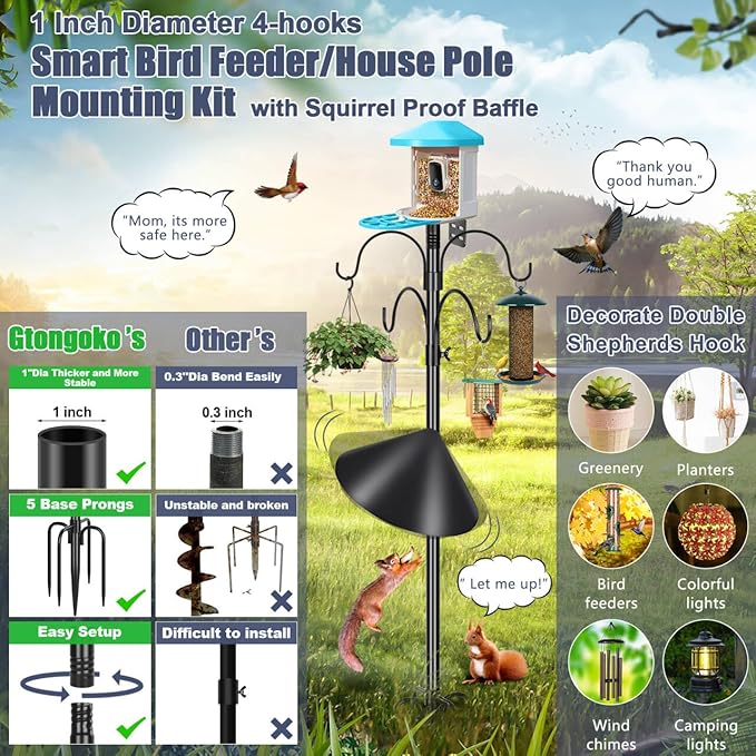 Gtongoko Smart Bird Feeder Pole Squirrel Proof 1-Inch Dia 94 Inch with 4 Shepherds Hooks Hanging Bluebird House Pole for Outdoors Squirrel Baffles for Feeders Metal Heavy Duty Mounting Kit