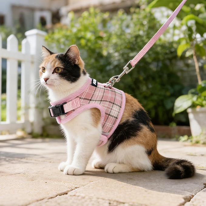 AIITLE Adjustable Bunny Harness & Leash Set - Soft Mesh Liner, Comfort Fit Plaid Pattern Vest with Magic Tape Design, Portable for Small Animal Pets Rat Squirrel Ferret Puppy Cat, Blue L