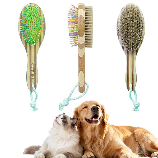2-in-1 Double Sided Dog Brush for Shedding - Cat Brush with Real Boar Bristle & Pins, Bamboo Handle Pet Grooming Brush for Long and Short Hair, Removes Loose Fur, Tangles, Dead Undercoat and Dirt