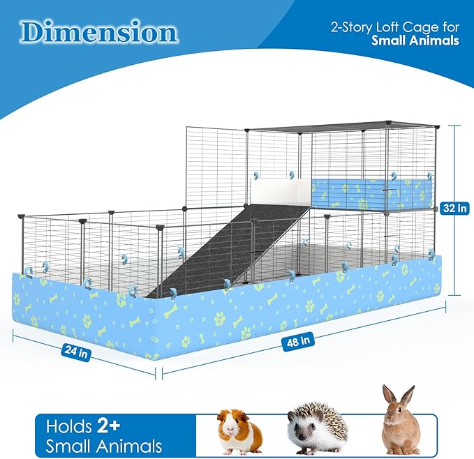2-Story Guinea Pig Cages with Tarp, Large C&C Loft Cage for Rabbit Bunny Puppy Small Animal Indoor Dog Playpen Pet Exercise Enclosure, 25 Panels