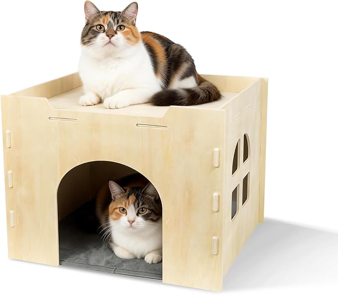 Bifeaw Guinea Pig Hideout, Natural Wooden Chew Proof Hideaway Hut for Small Pets (Cat)