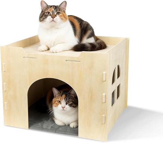 Bifeaw Guinea Pig Hideout, Natural Wooden Chew Proof Hideaway Hut for Small Pets (Cat)