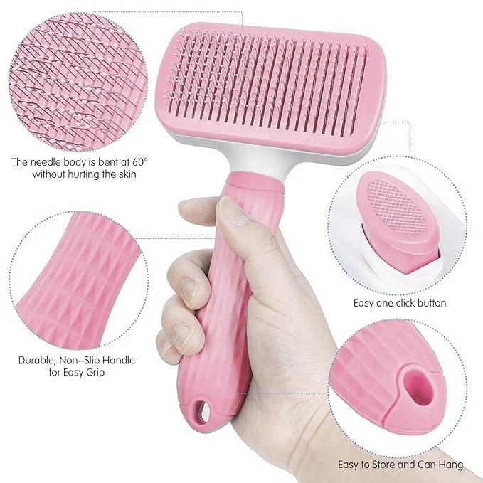 Self-Cleaning Slicker Brush, Dog Cat Bunny Pet Grooming Shedding Brush, Easy to Remove Loose Undercoat, Pet Massaging Tool Suitable for Pets with Long or Short Hair (Baby Pink)