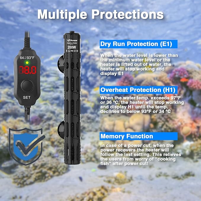 Aquarium Heater 200W, Submersible Fish Tank Heater with LED Digital Display, Auto Power-Off When Leaving Water & High Temp Protection, for Fresh and Salt Water Tanks 20-40 Gal