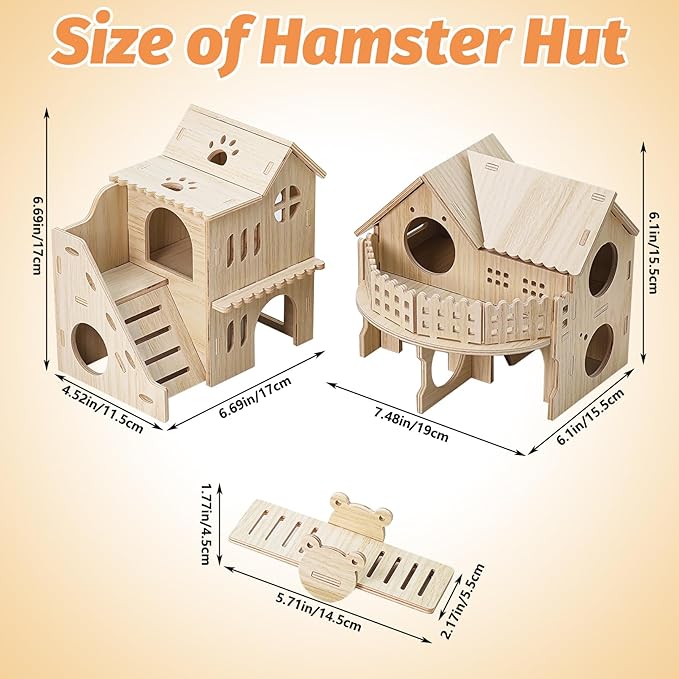 BNOSDM Double Hamster Hideout House, Wooden Hamster Toy with Balcony & Seesaw, Small Animals Hides for Syrian Dwarf Hamsters, Gerbils
