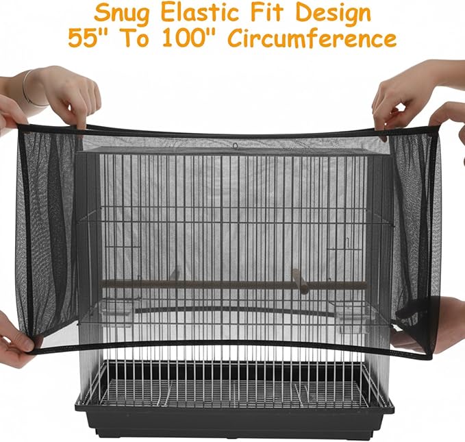 Adjustable Bird Cage Seed Catcher, Black Bird Cage Net Birdcage Cover Skirt Nylon Mesh Netting, Stretchy Birds Cages Guard for Parrot Parakeet Macaw African Any Cages Cover