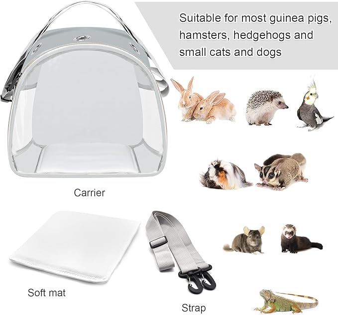 Small Animal Carrier Bag, Upgraded Portable Guinea Pig Carriers, Transparent Hamster Carrying Case, Reptile Rat Rabbit Bearded Dragon Hedgehog Carrier Bag for Travel, Hiking, Walking, Outdoor (Grey)