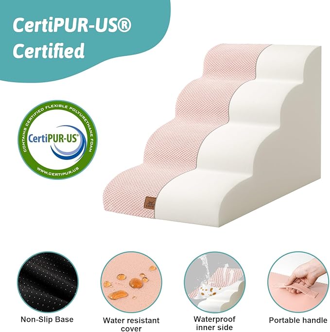 COZY KISS Dog Stairs for Small Dogs 19.7" H, Curved Dog Step for Puppy, Older or Cat, Medium Pet Ramp for Sofa, Couch or Bed, Ladder with High Density Foam, 4 Step, 15.7x28.3x19.7 inch, Pink