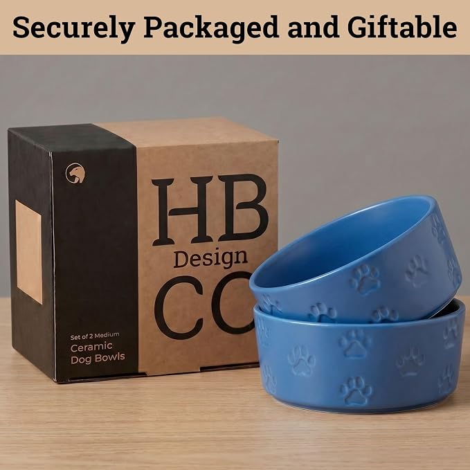 Ceramic Dog Bowl Set of 2 with Anti-Skid Base - 6.5" Wide x 2.5" Tall Ceramic Dog Bowls Medium Sized Dogs - 3.8 Cup Capacity Food and Water Bowls for Dogs - Rubber Bottom Pet Bowl Set of 2 Medium Size