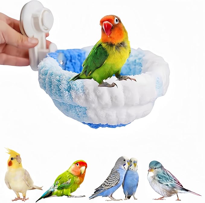 Warm Bird Nest Bed with Suction Cup Bird Snuggle Hut Breeding Bird House Plush Hanging Bird Bed for Parakeet, Conure, Budgie, Cockatiel, Lovebird, Finch, Hamster-Blue