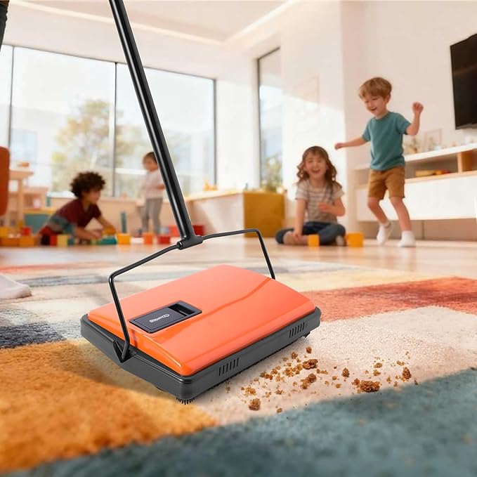 CLEANHOME Manual Carpet Sweeper for Pet Hair - Rotating Brush Floor Sweeper, Lightweight Push Broom for Classroom Rugs, Non-Electric Lint & Crumb Cleaner, Easy-Dump Dustbin, No Batteries Needed