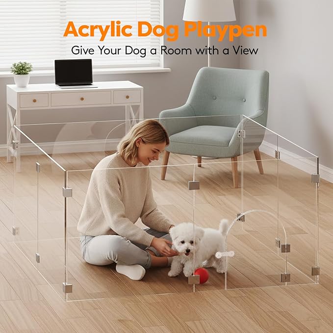 Clear Acrylic Pet Playpen with Door, 8 Panels 23.6 Inches High, Indoor Pet Fence & Crate for Puppies Small Dogs and Cats, with Metal Connectors, Easy to Assemble, Free Combination of Multiple Styles