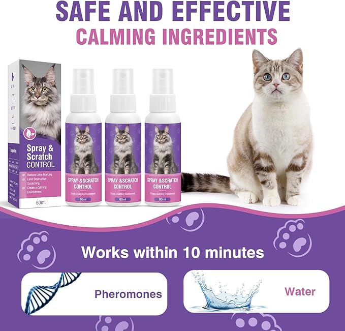 Cat Calming Spray Calming Solution for Cats Cat Pheromone Spray Reduces Stress Anxiety Scratching Calming Spray for Cats Good for Home Travel Cat Pheromones Calming Spray 60 ML 3 Pack