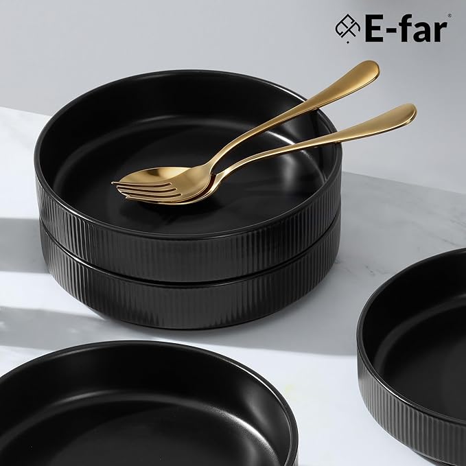 E-far Pasta Bowls Set of 6, 35oz Large Salad Bowl Plate for Dinner Serving Soup, Wide & Shallow Ceramic Stoneware Pasta Plates, Microwave & Dishwasher Safe, Reactive Glaze Texture-Stripe, Matte Black