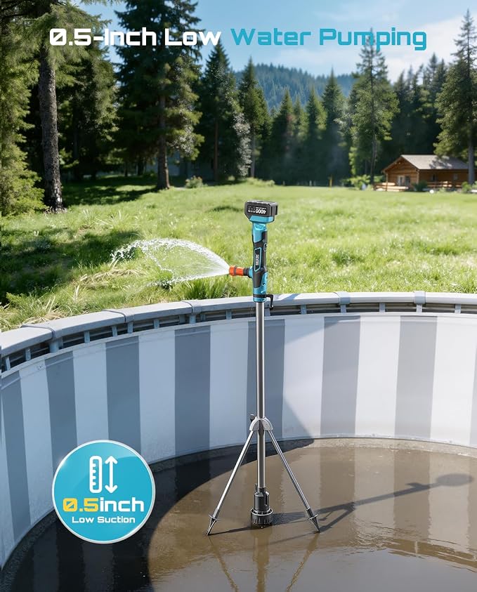 SEESII Cordless Stick Water Transfer Pump, with Tripod Stand Hands-Free | 720GPH & 32FT Lift, 2×4.0Ah Batteries, Portable Design, Fast Drain Pool, Rain Barrel, Basement, Boat Bilge & Irrigate Garden