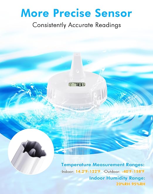 Pool Thermometer Floating Easy Read, IPX8 Waterproof Wireless Digital Thermometer with Indoor Thermometers for Swimming Pool, Spa, Aquarium, Cold Plunge, Hot Tub, Pond
