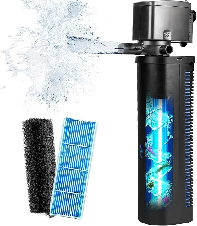 Aquarium Large 100-300 Gallon Fish Tank Filter U-V Dual Spout 600GPH Silent Canister Internal Filter Cold Plunge Tub Koi Pond Filter, Green Clean Machine Deodorization for Saltwater Freshwater