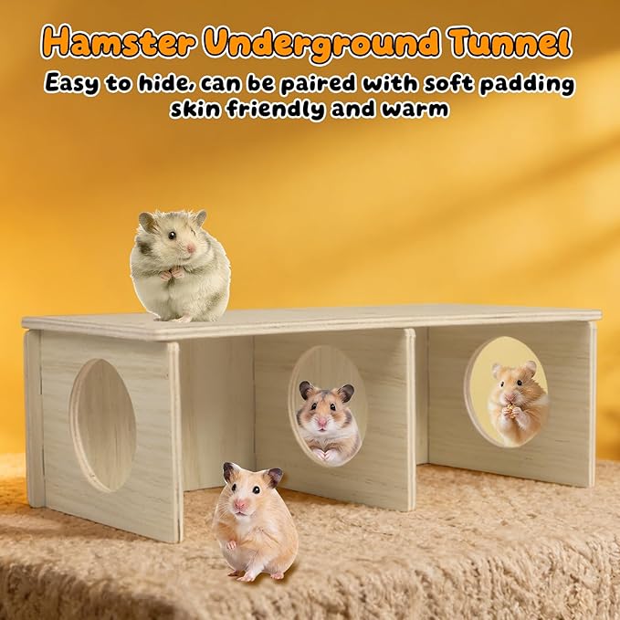 Hamster and Mouse Wooden Tunnel Cage Secret Peep Shed 2-Chamber Wooden Hamsters Chamber for Gerbil Rat Mice Hideout & Tunnel Exploring Toys