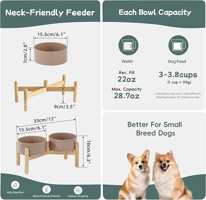 Havniva Ceramic 6.1inch Raised Dog Bowl with Stand for Small and Medium Breed Dog Dish Pet Food and Water Bowl (Double Bowl with Stand - Brown Coffee, 28oz)