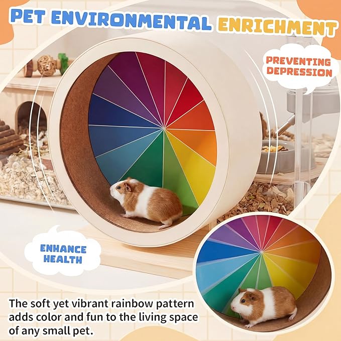 Geelin 12 Inch Hamster Wooden Silent Wheel, Rainbow Printed Small Animal Exercise Wheel, Quiet Spinner Hamster Running Wheels Toys for Hamsters, Gerbils, Mice and Other Small Pets