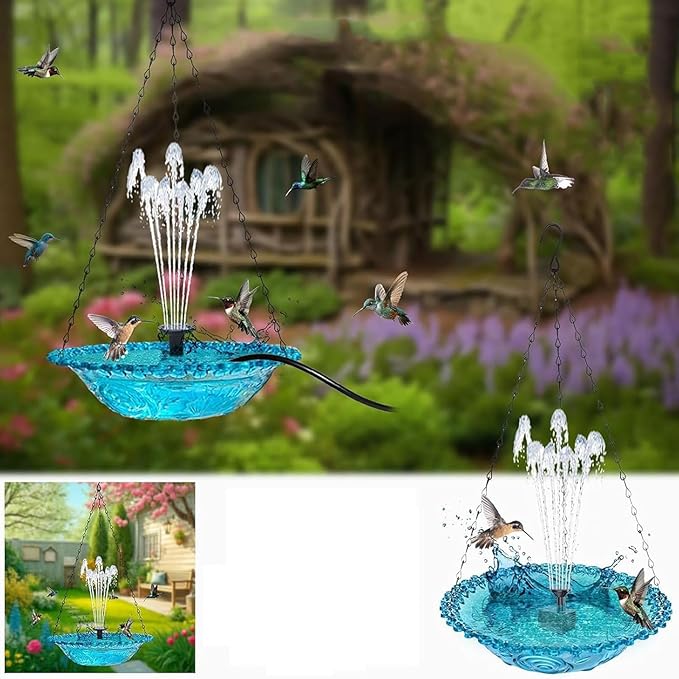 2026 New Cascade Hanging Bird Bath Fountain, Metal Solar Powered Birdbath with Water Pump for Outdoor Garden Decor, Humming Birds Baths Fountains (Blue)