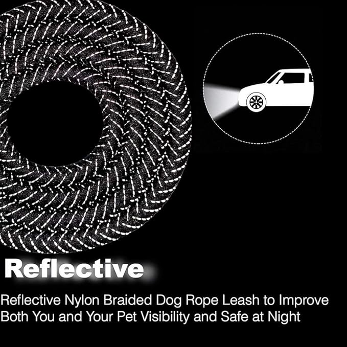 10FT Strong Dog Leash, Black Rope Leash Highly Reflective Threads with Soft Padded Handle for Small Medium Large Dogs (1/2")
