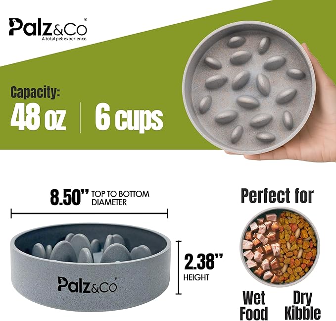 Palz&Co EcoBowl Slow Feeder for Dogs & Cats, 48 oz Gray - Natural Bamboo Puzzle Pet Bowl with Non-Slip Base for Slower Eating & Better Digestion, Dishwasher Safe