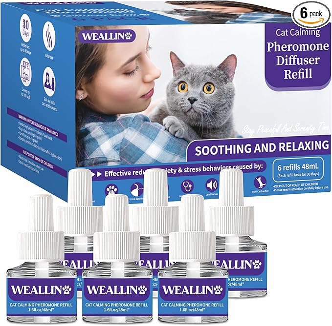 WEALLIN 6 Pack Cat Calming Diffuser Refills - Cat Pheromones Calming Diffuser Refill Relieve Anxiety & Stress 6 Month Supply, Cat Pheromone Diffuser Refills (Fits All Common Diffuser Heads)