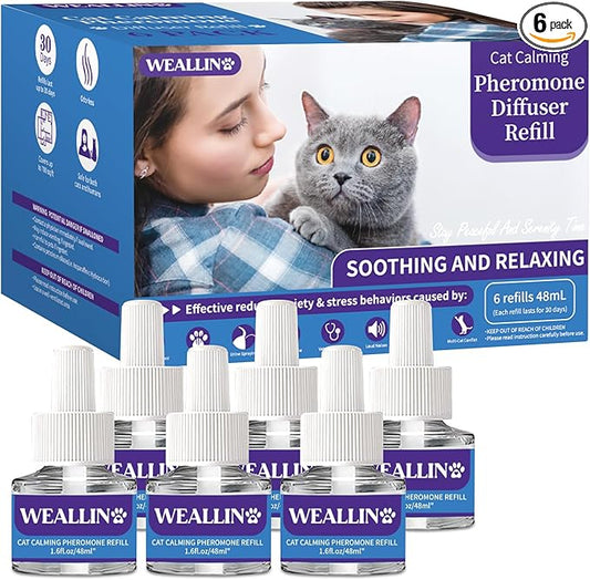 WEALLIN 6 Pack Cat Calming Diffuser Refills - Cat Pheromones Calming Diffuser Refill Relieve Anxiety & Stress 6 Month Supply, Cat Pheromone Diffuser Refills (Fits All Common Diffuser Heads)